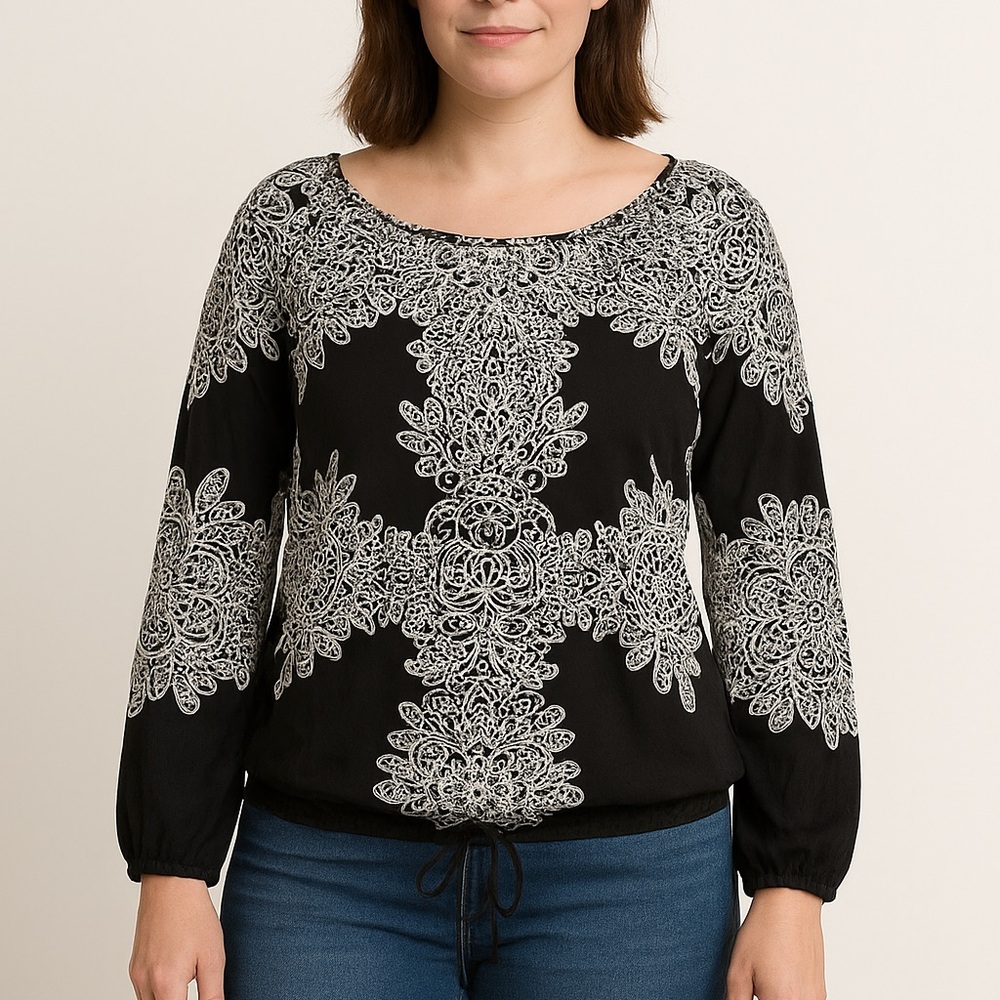 INC International Concepts Black and White Fitted 3/4 Sleeve Blouse